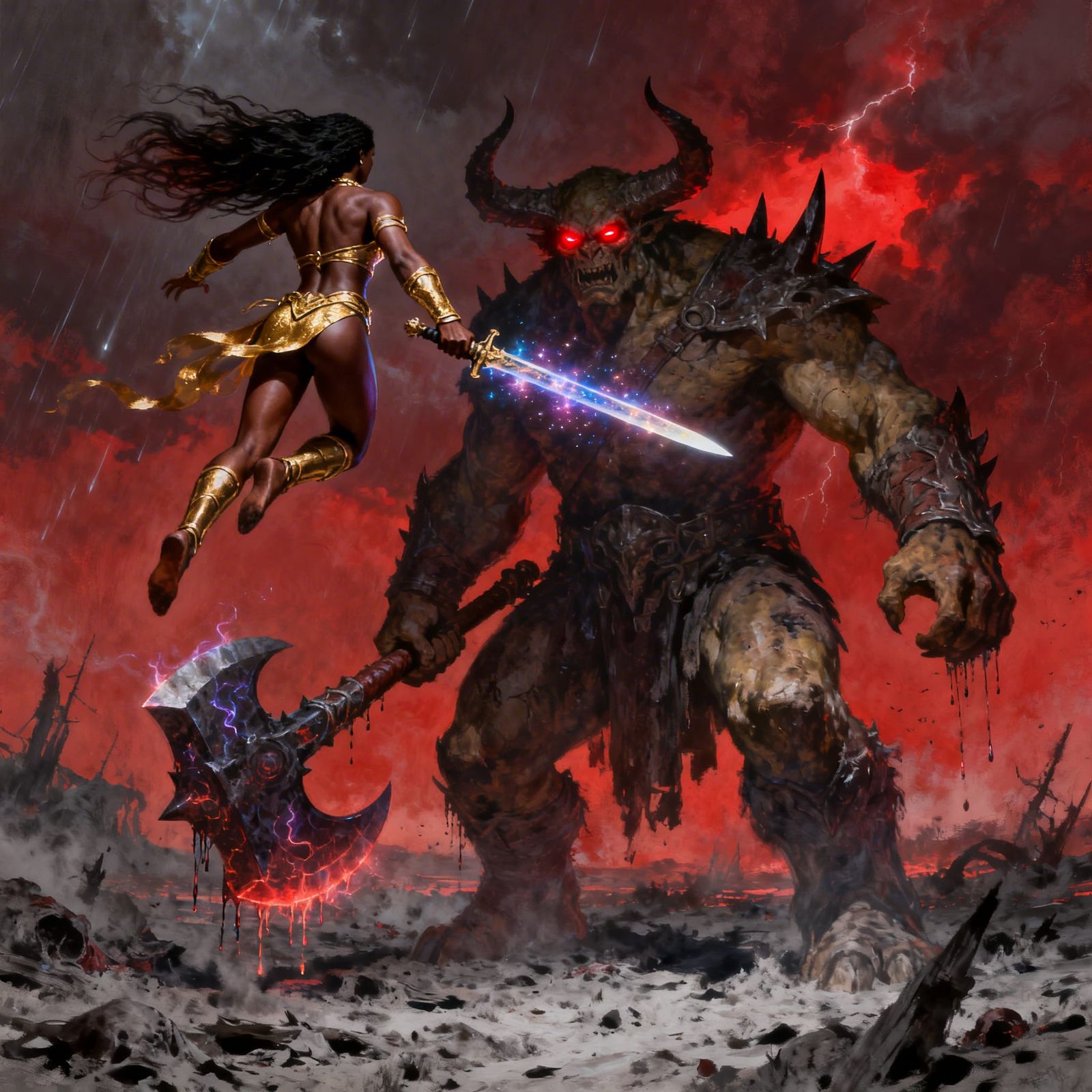 Warrior Goddess Battles Colossal Monster in Dark Fantasy