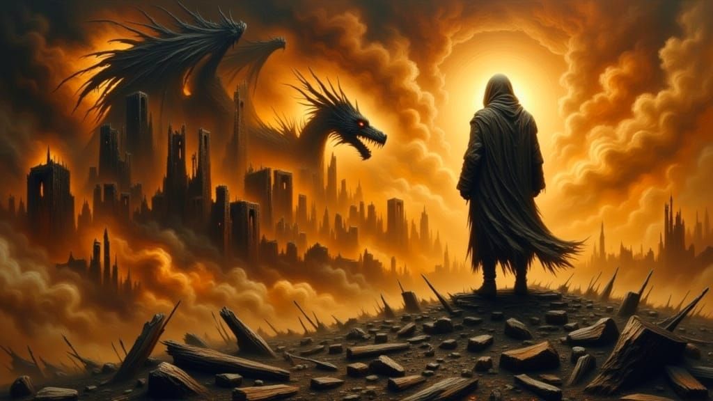 Apocalyptic Landscape with Dragon Silhouette in Fiery Haze