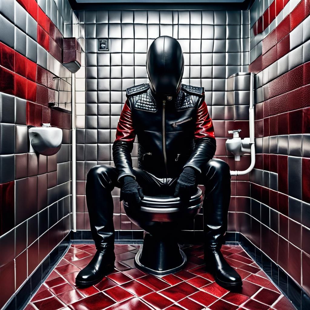 Black Leather Figure Hiding in Red Tiled Bathroom