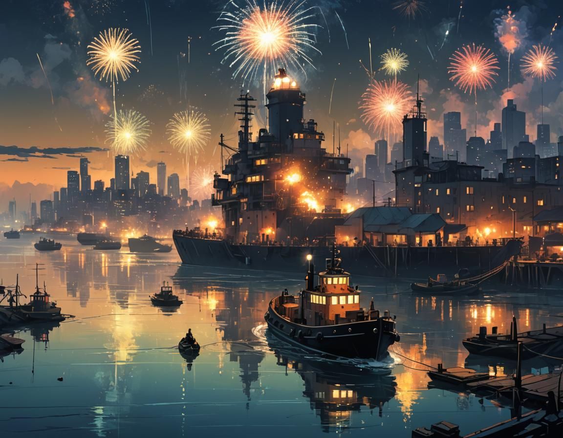 Dieselpunk Tugboat Amidst Bioluminescent Fireworks