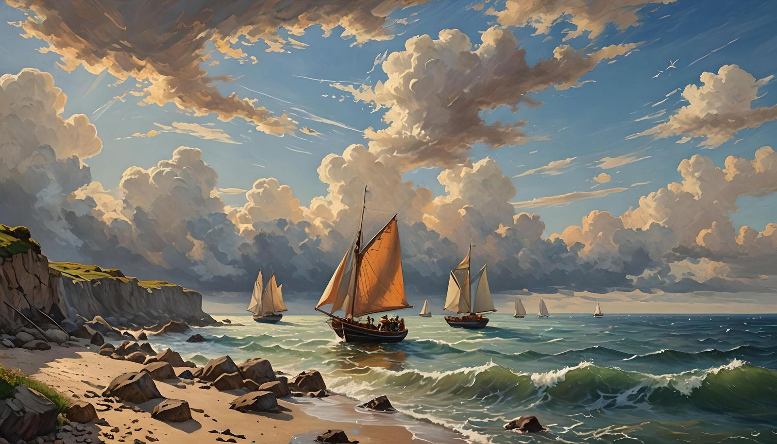 Impressionistic Seascape with Boats and Fishermen