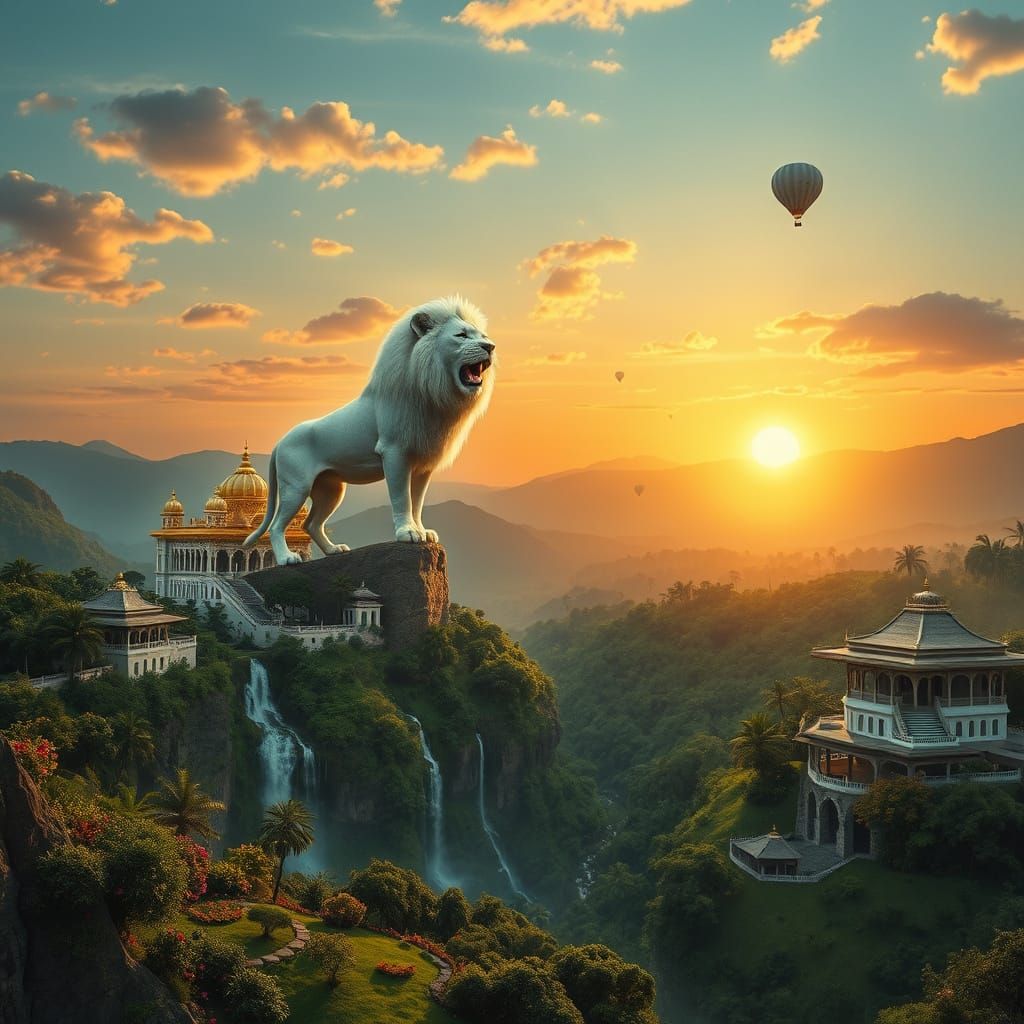 Majestic White Lion Roars Over Golden Palace & Asian Village