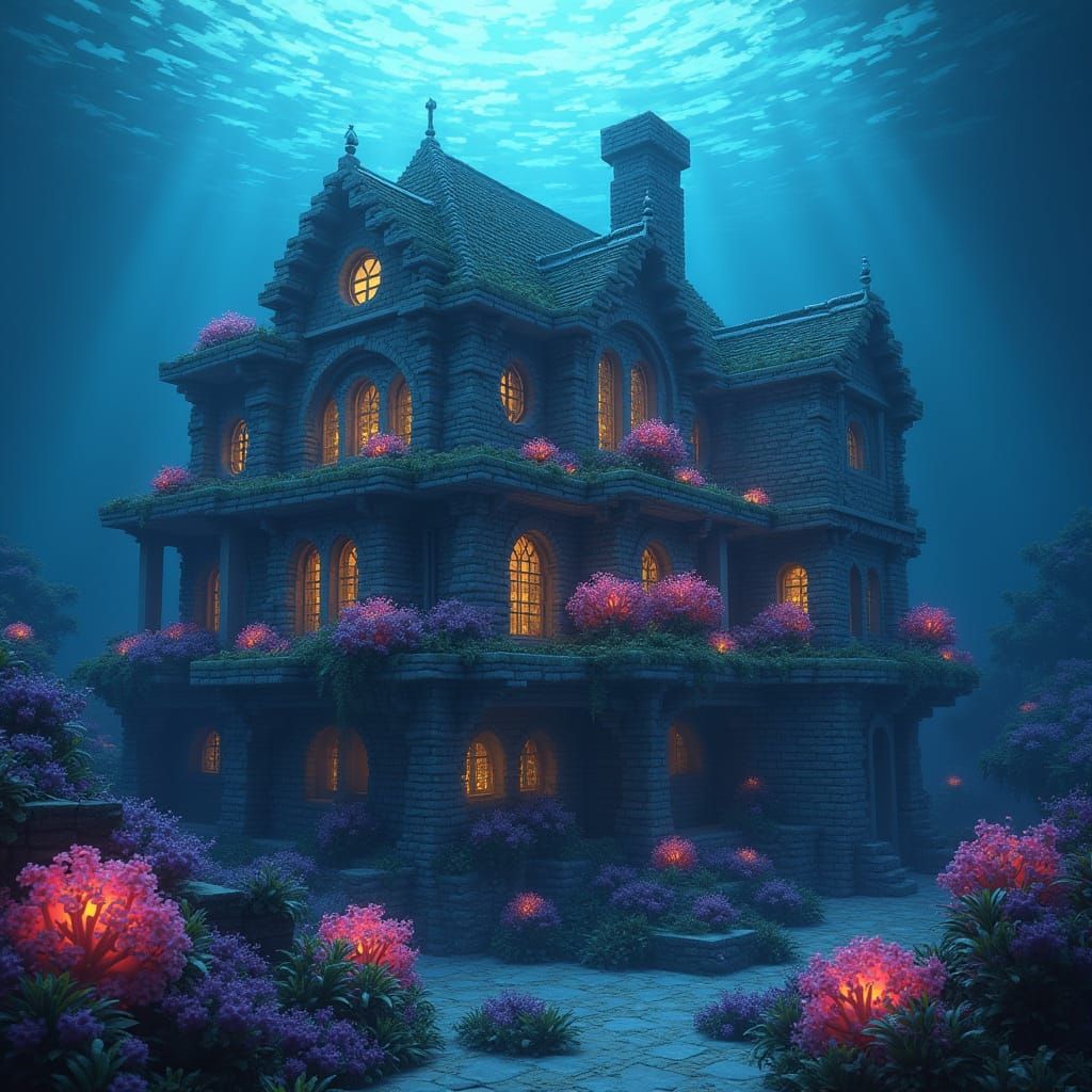 Underwater Minecraft Mansion with Glowing Sea Anemones