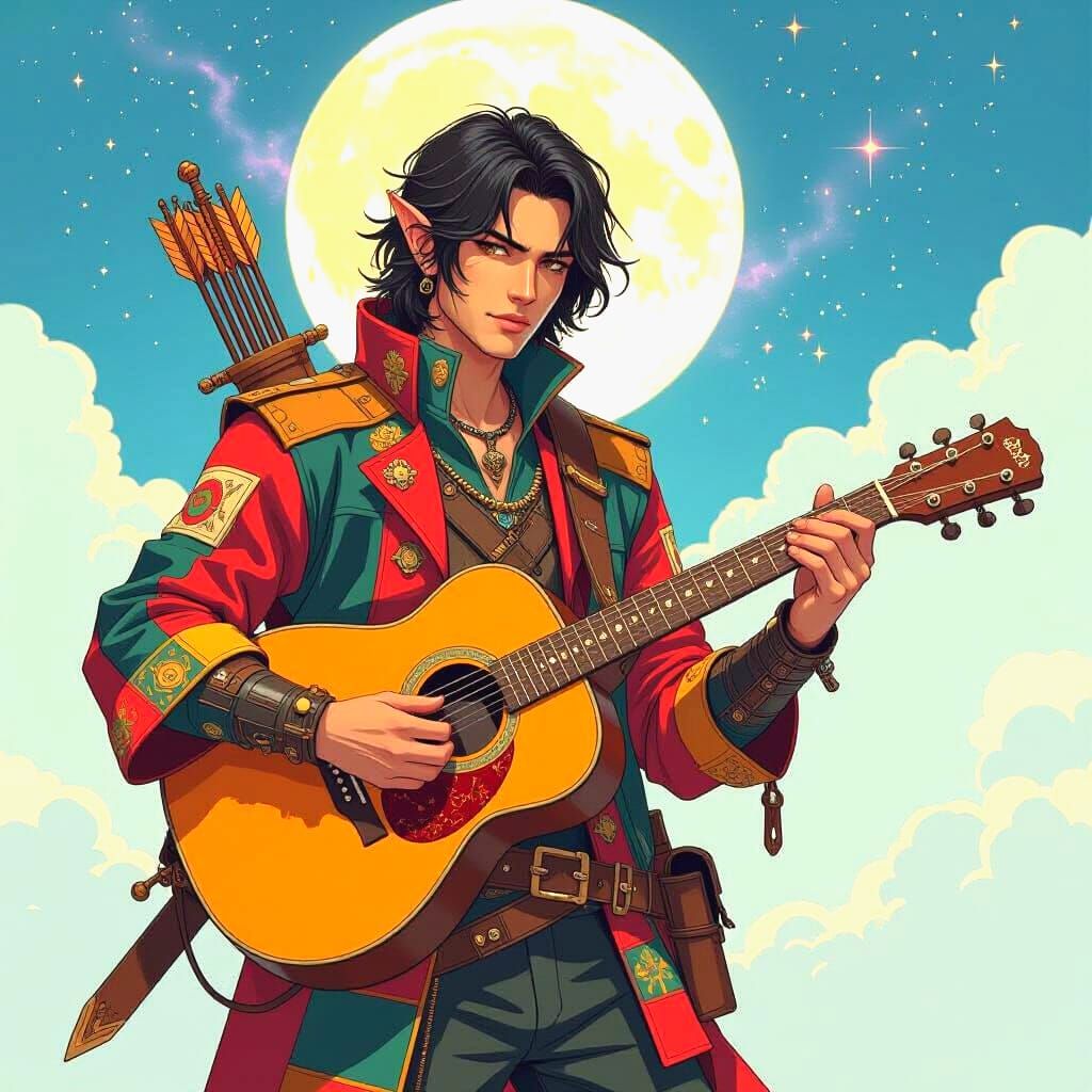 Solarpunk Minstrel with Cyberpunk Guitar in Anime Style