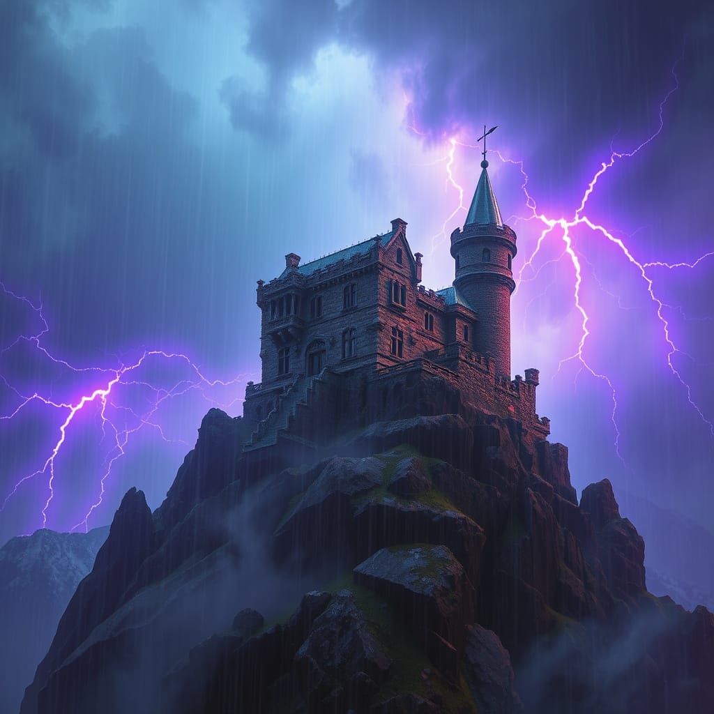 Stormy Mountain Castle with Purple Lightning