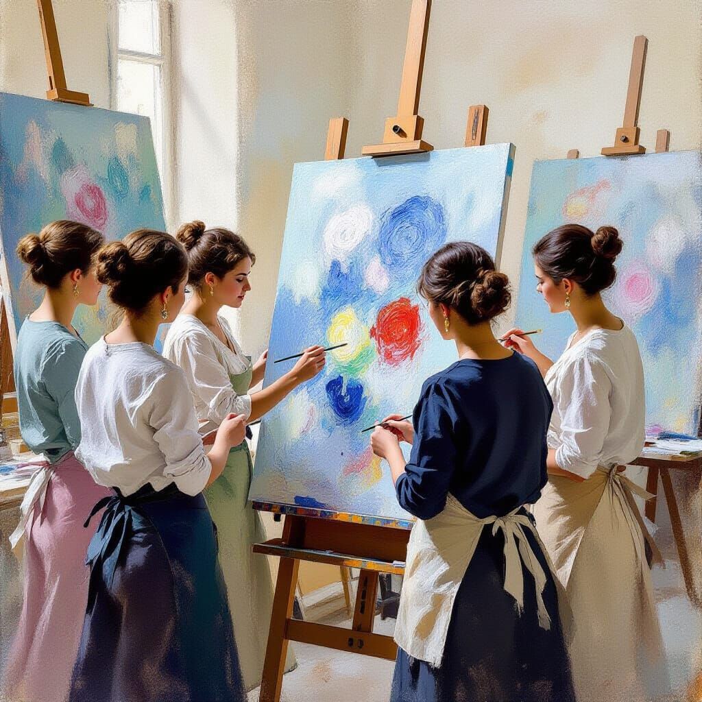 Women Collaboratively Paint Vibrant Artwork in Pastel Style