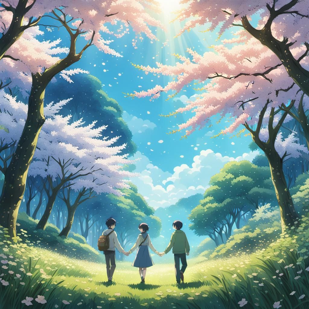 Lovers Embrace in Lush Anime Forest