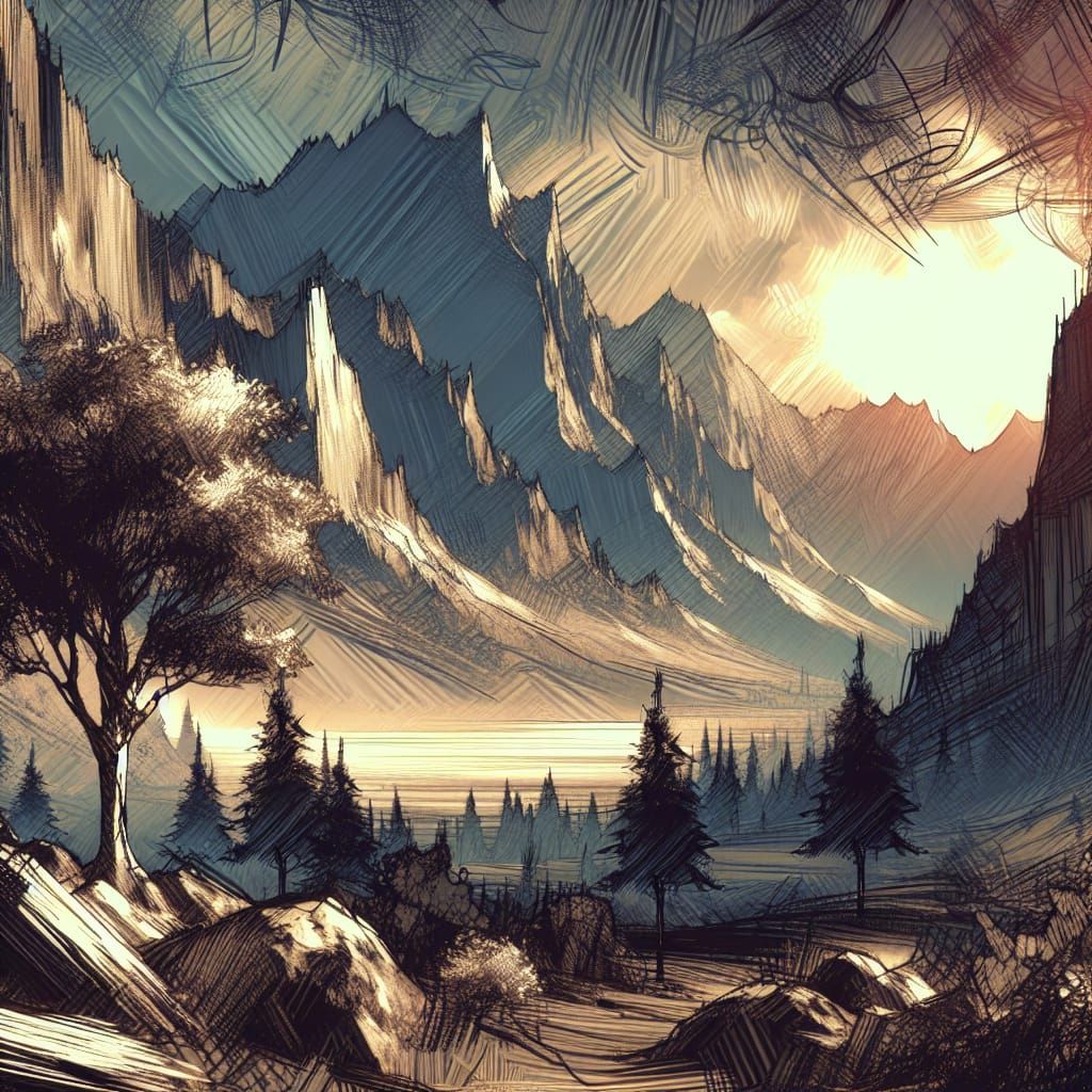 Dramatic Fantasy Landscape in Sketch Style