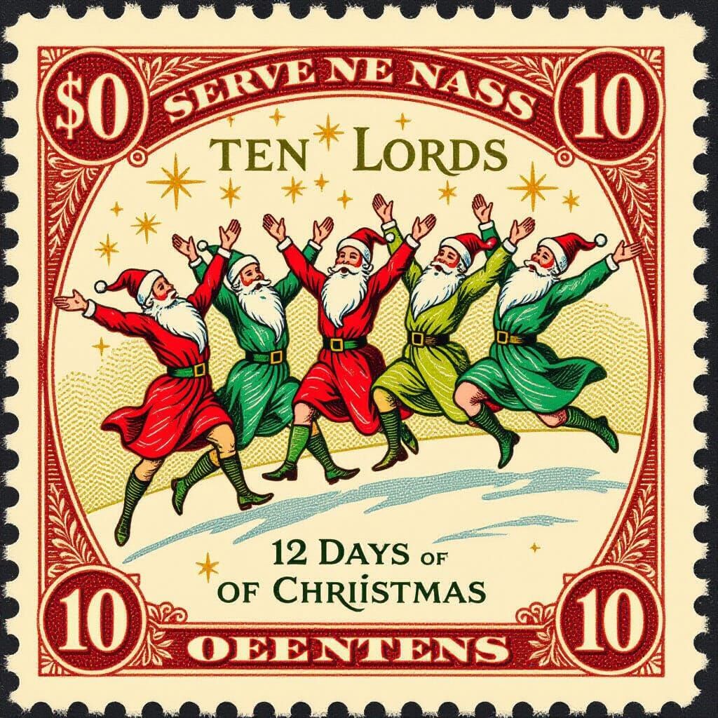 Vintage Christmas Stamp Featuring Ten Lords Leaping