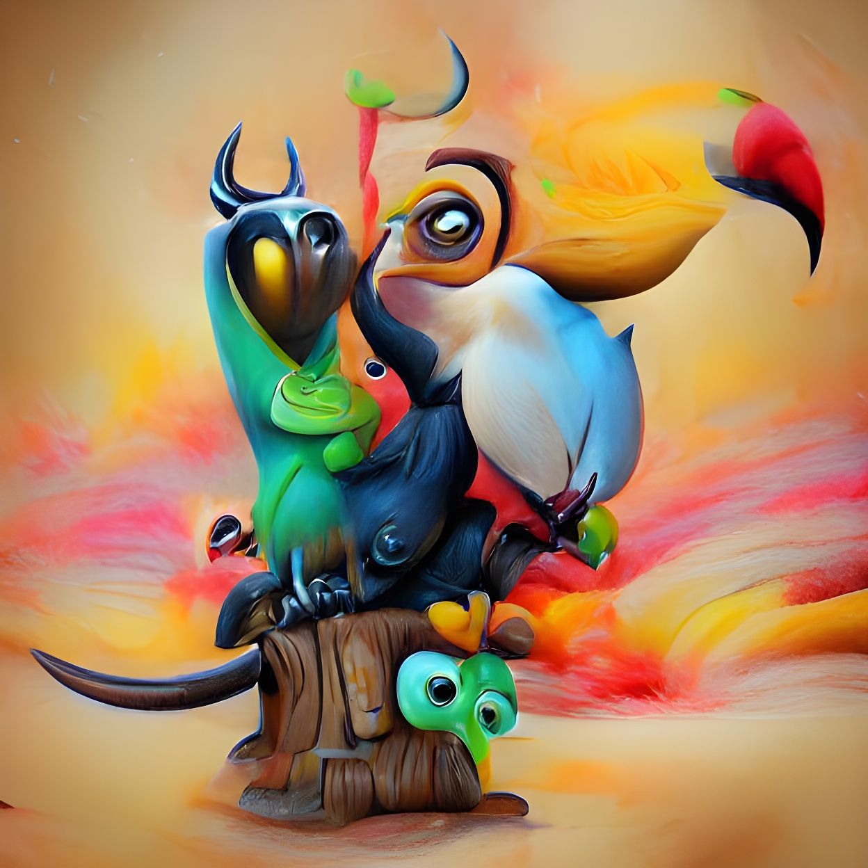 Devil Rides Hornbill Bird: Pixar-Style Digital Art