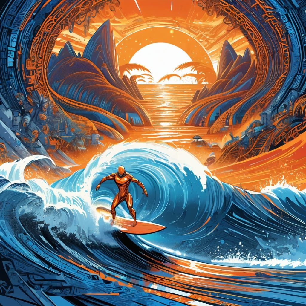 Cyborg Android Surfer Rides Binary Code Wave in Epic Comic A...