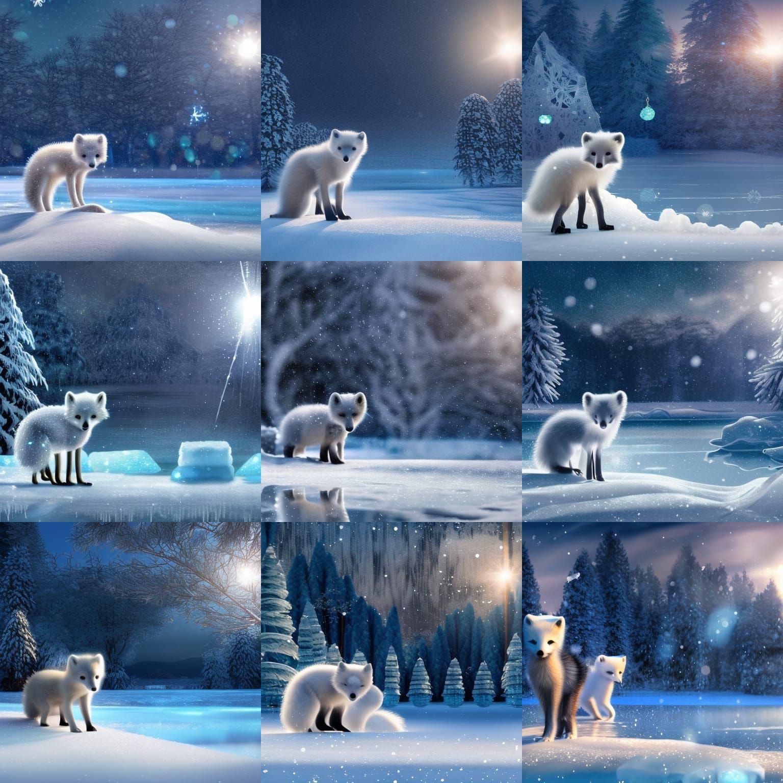 Adorable Arctic Fox in Snowy Art Nouveau Landscape
