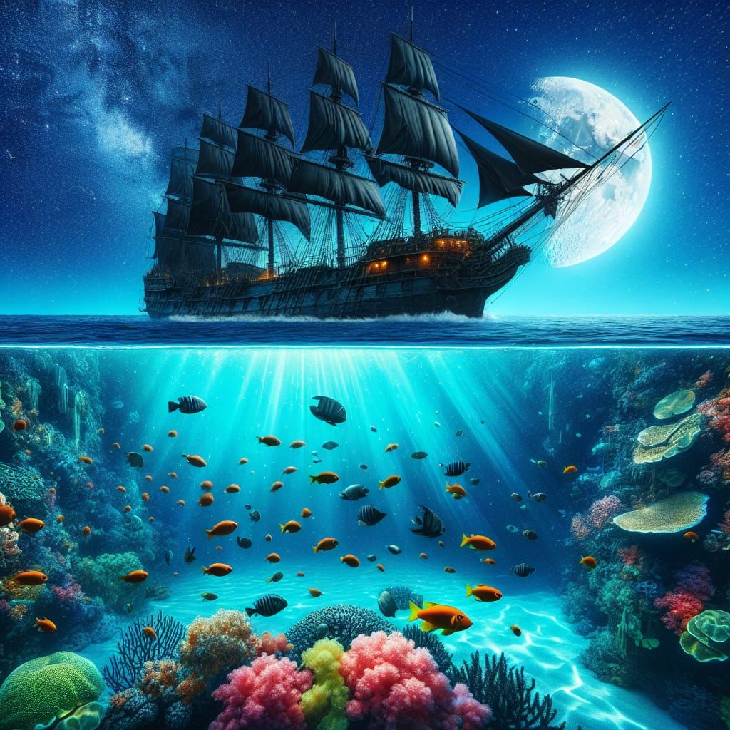 Pirate Ship Above Tropical Fish Undersea