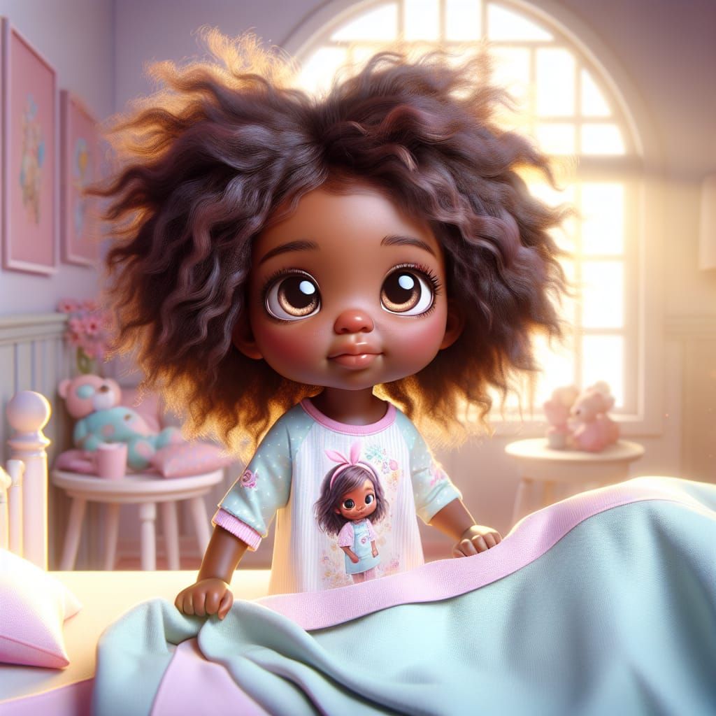 3D illustration of an even cuter little girl with messy morn...