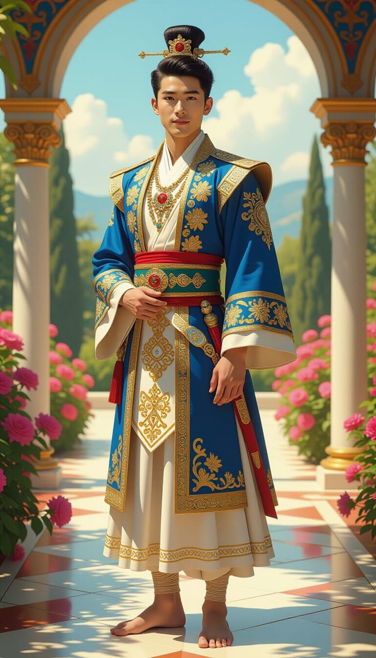Asian Prince in Sun-Drenched Palace Garden