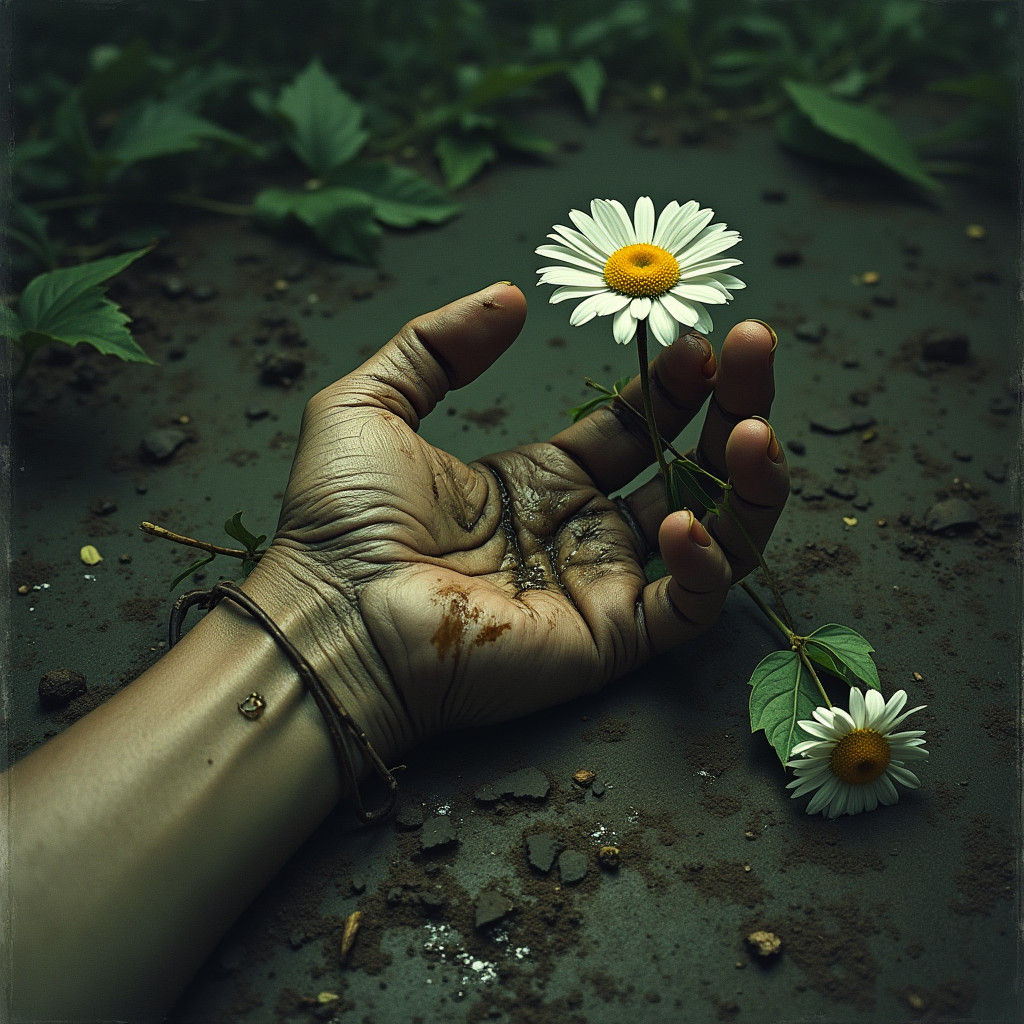 Severed Hand Cradling Daisy in Gloomy Forest