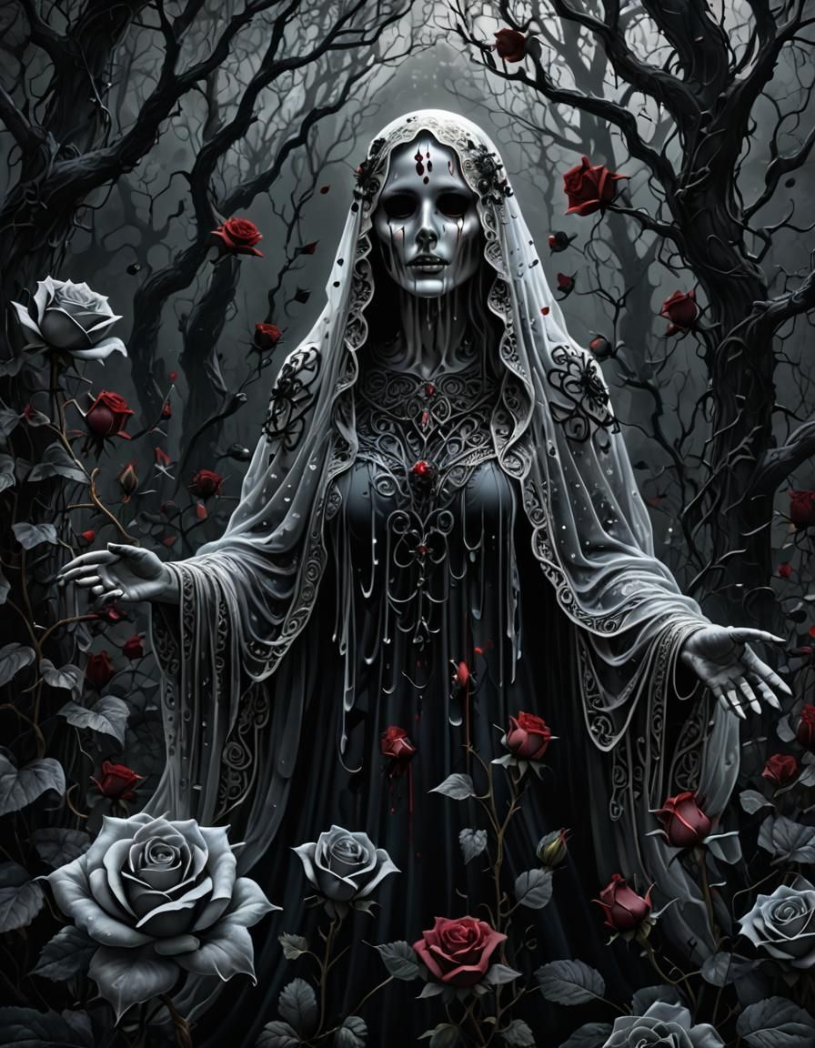 Ethereal Ghost Among Black Roses in Gothic Forest