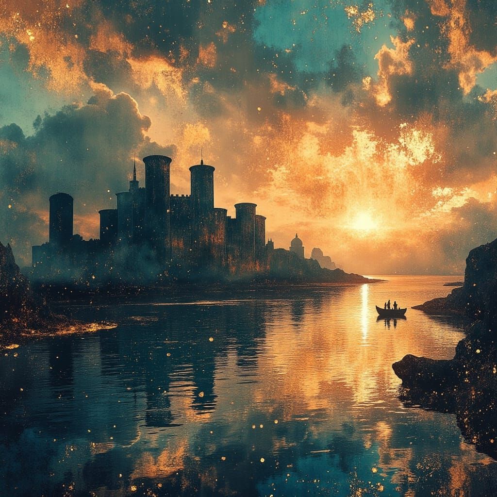 Egyptian Castle on Nile at Sunrise in Syd Mead Style