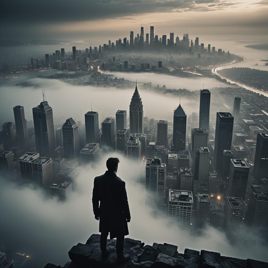 Surreal Hybrid Overlook: Cinematic Cityscape at Dawn