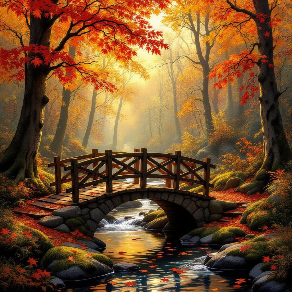 Magical Autumn Forest with Sunlight and Footbridge