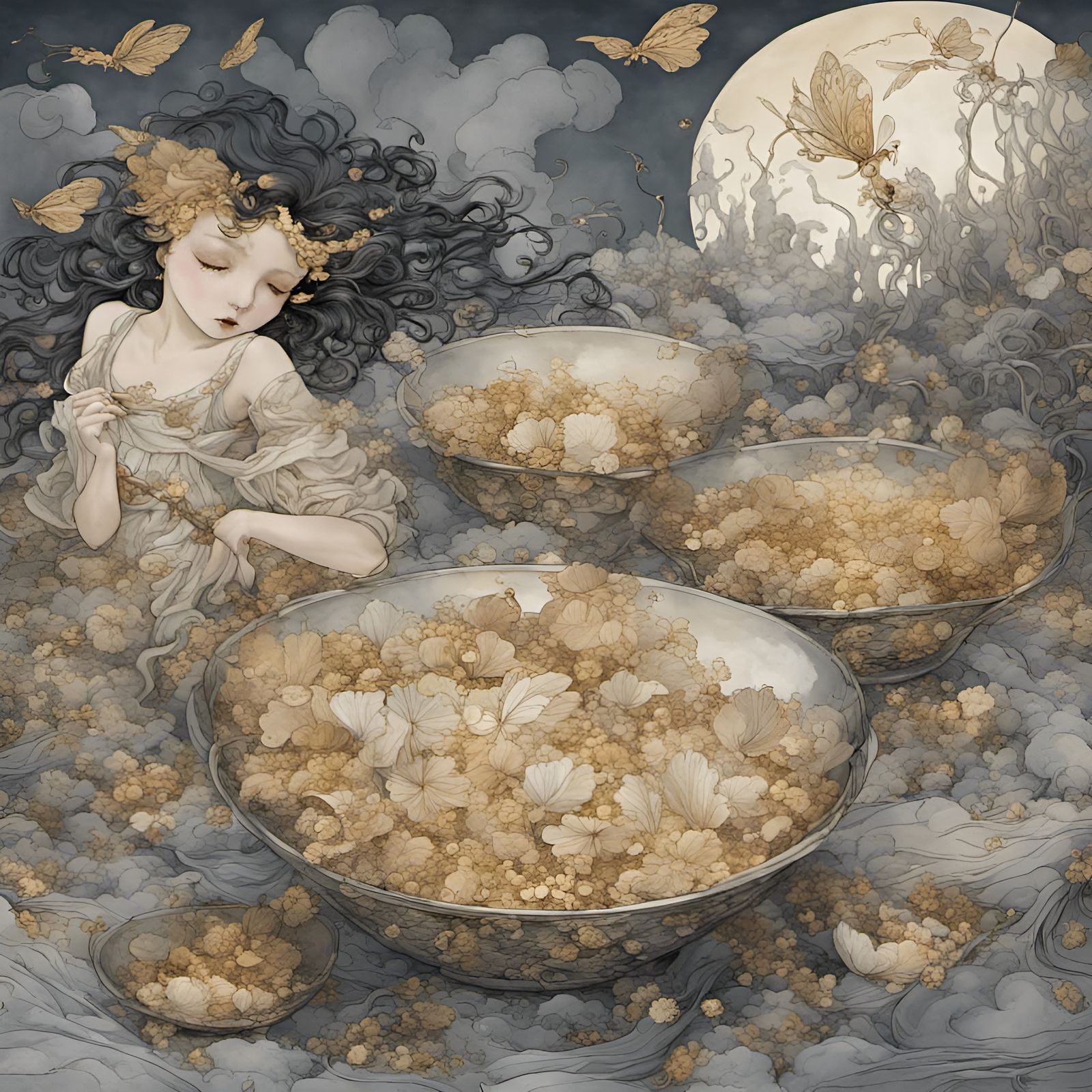 Magical Fairies in Glass Bowls: Art Nouveau Style