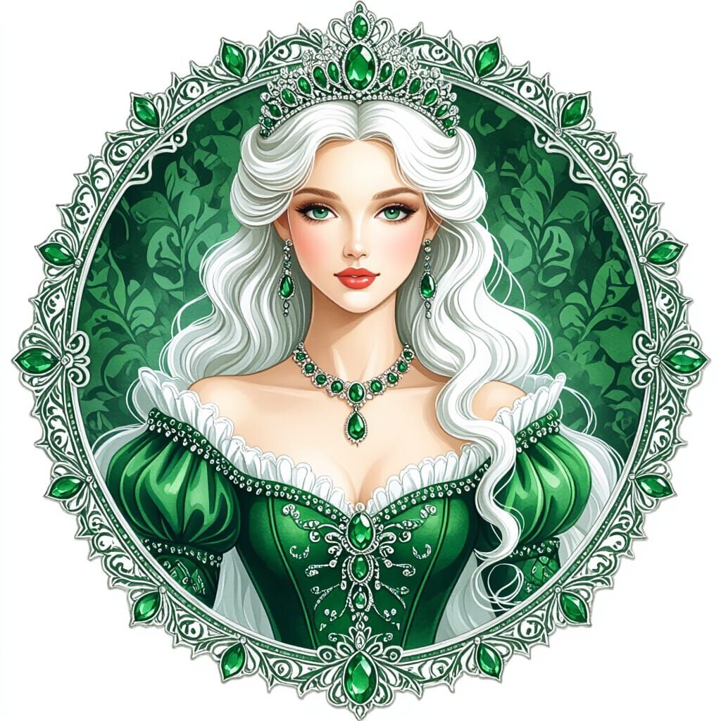 Emerald Renaissance Beauty in Watercolor Clipart Style