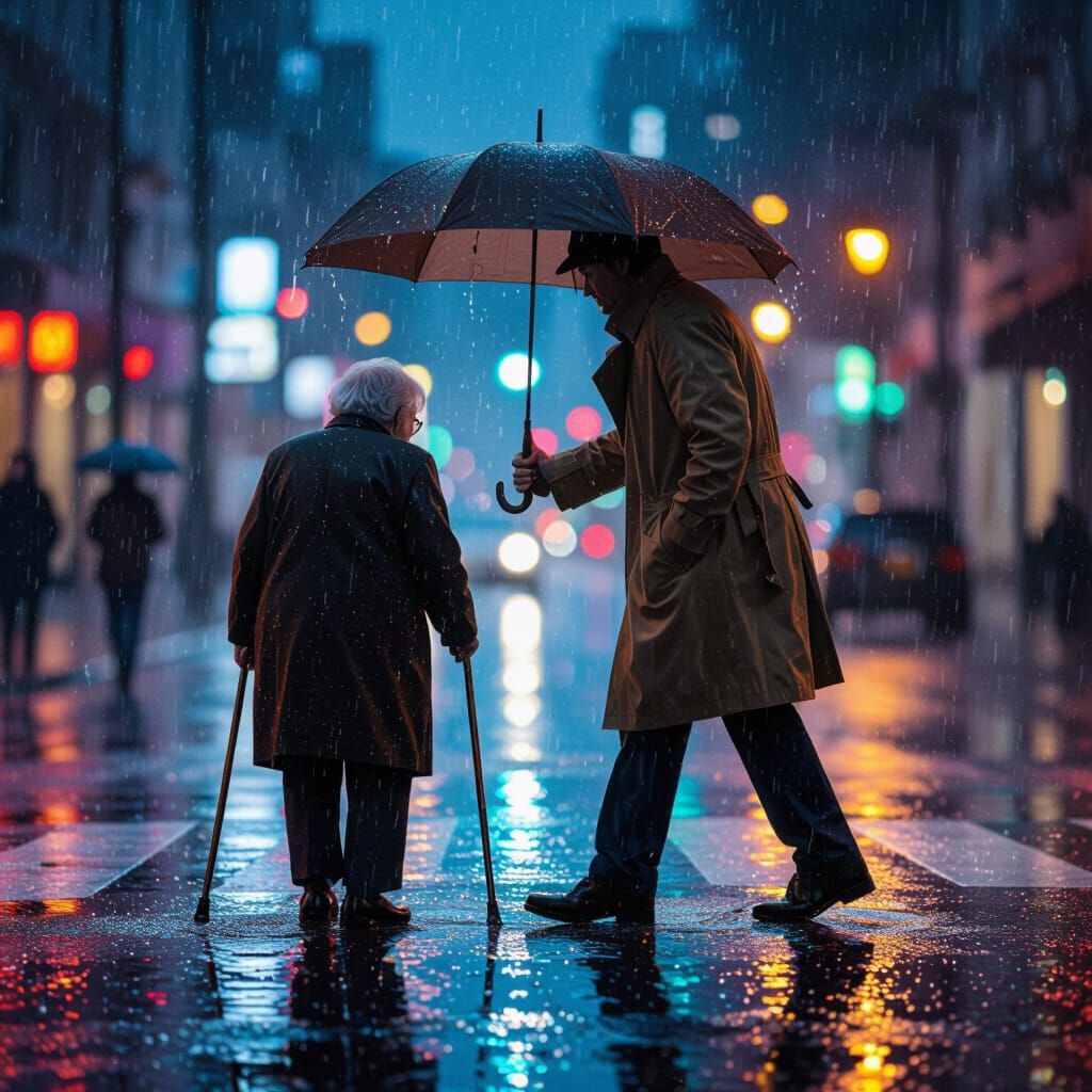 Kind Stranger Helps Elderly Person Cross Street in Rain