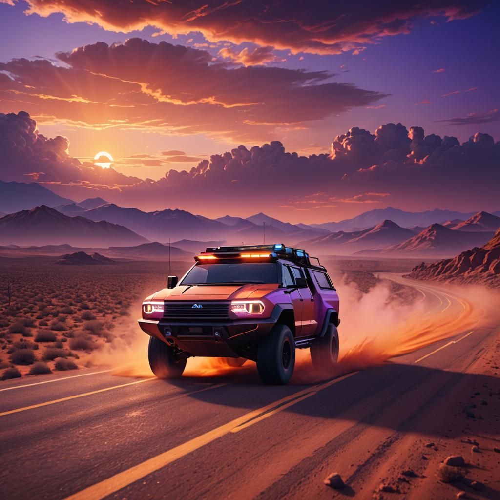 Cybertruck Speeds Through Desert in Neon Digital Art