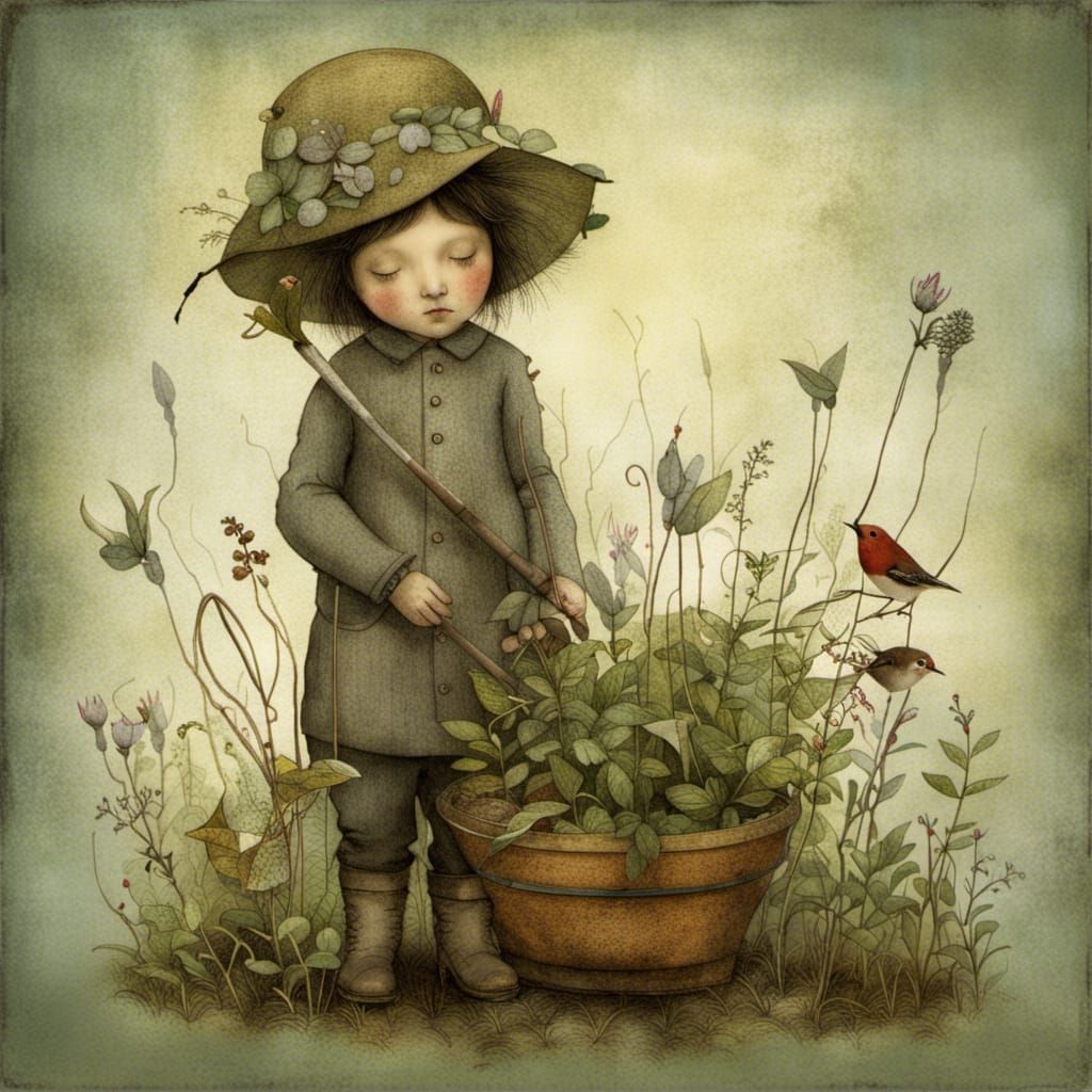 Whimsical Little Gardener Illustration