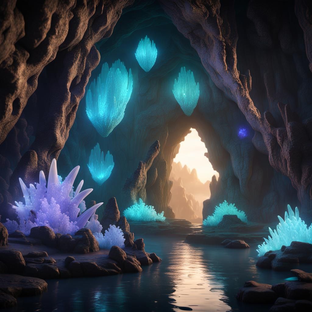 Bioluminescent Crystal Cave with Happy Faces