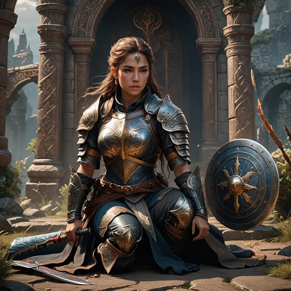 Female warrior kneeling in prayer, armed with her sword and shield