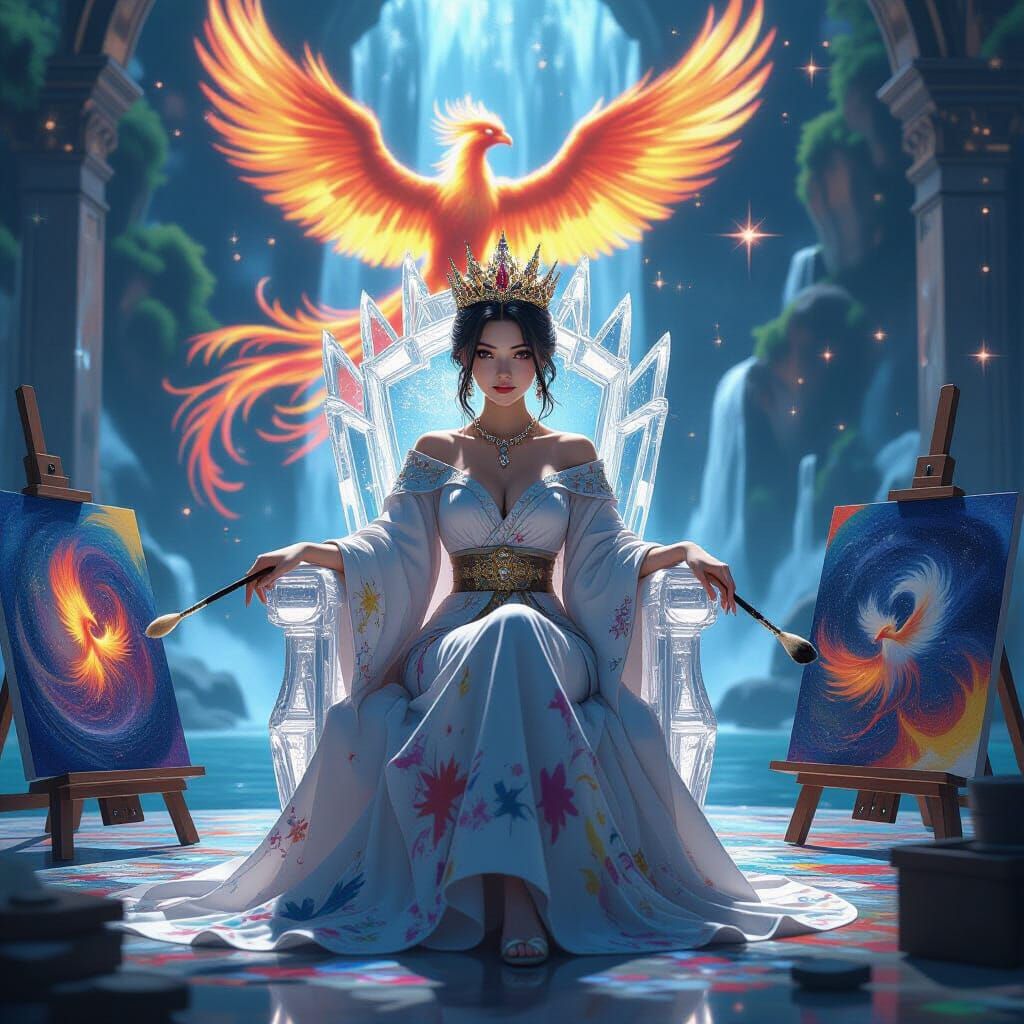 Queen Artist on Crystal Throne in Anime Style