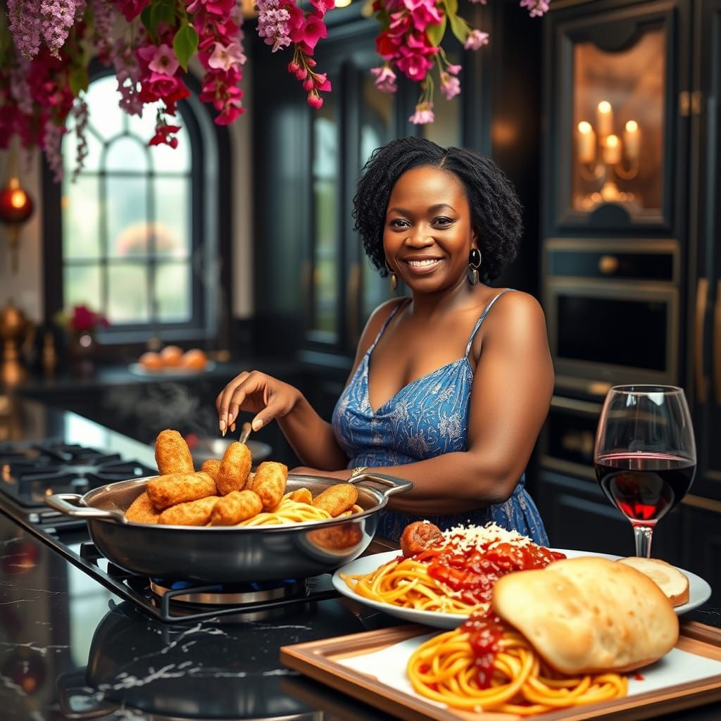 Elegant Woman Cooking Lavish Meal in Gold Mansion