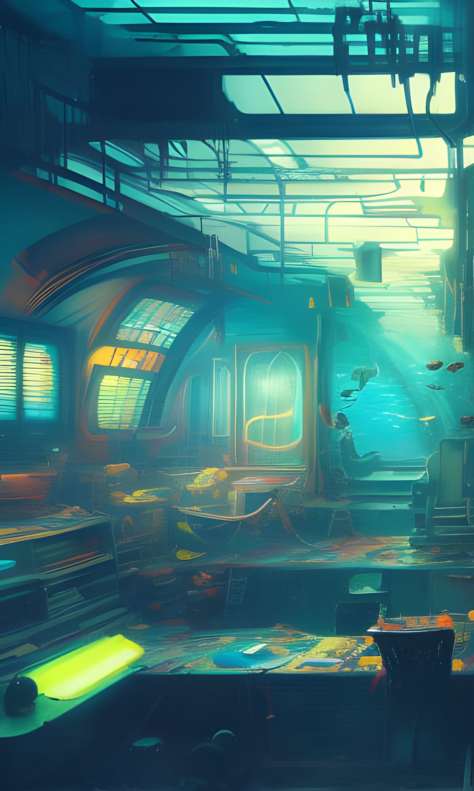 Underwater Cyberpunk Artist Studio with Neon Lights