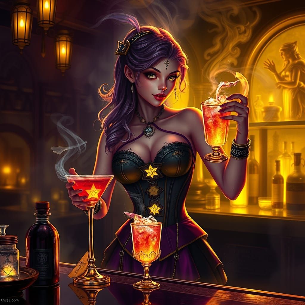 Ethereal Alien Bartender in Mystical Tavern