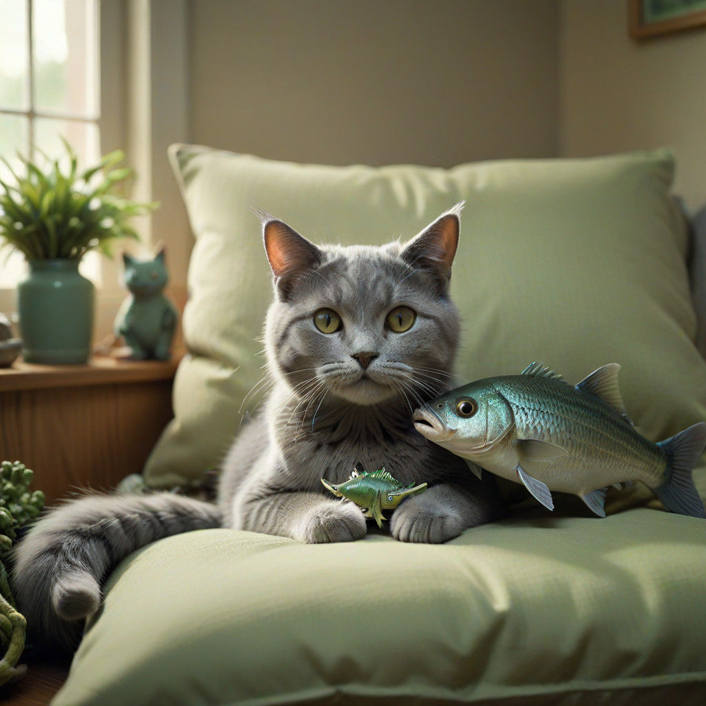 Whimsical Grey Cat Scene in Pastel Hues