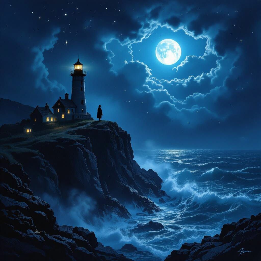 Lighthouse Keeper Against Stormy Starlit Sky