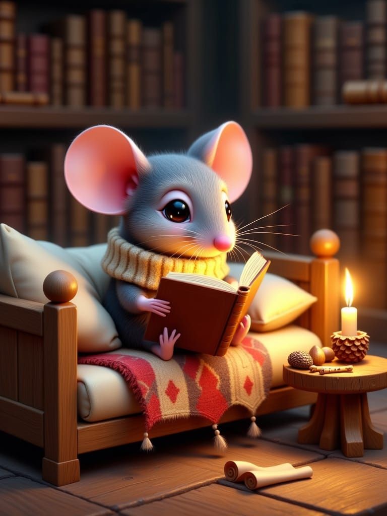 A whimsical hyper-detailed digital painting of a tiny gray mouse with pink ears, pink nose, large glossy black eyes, and...