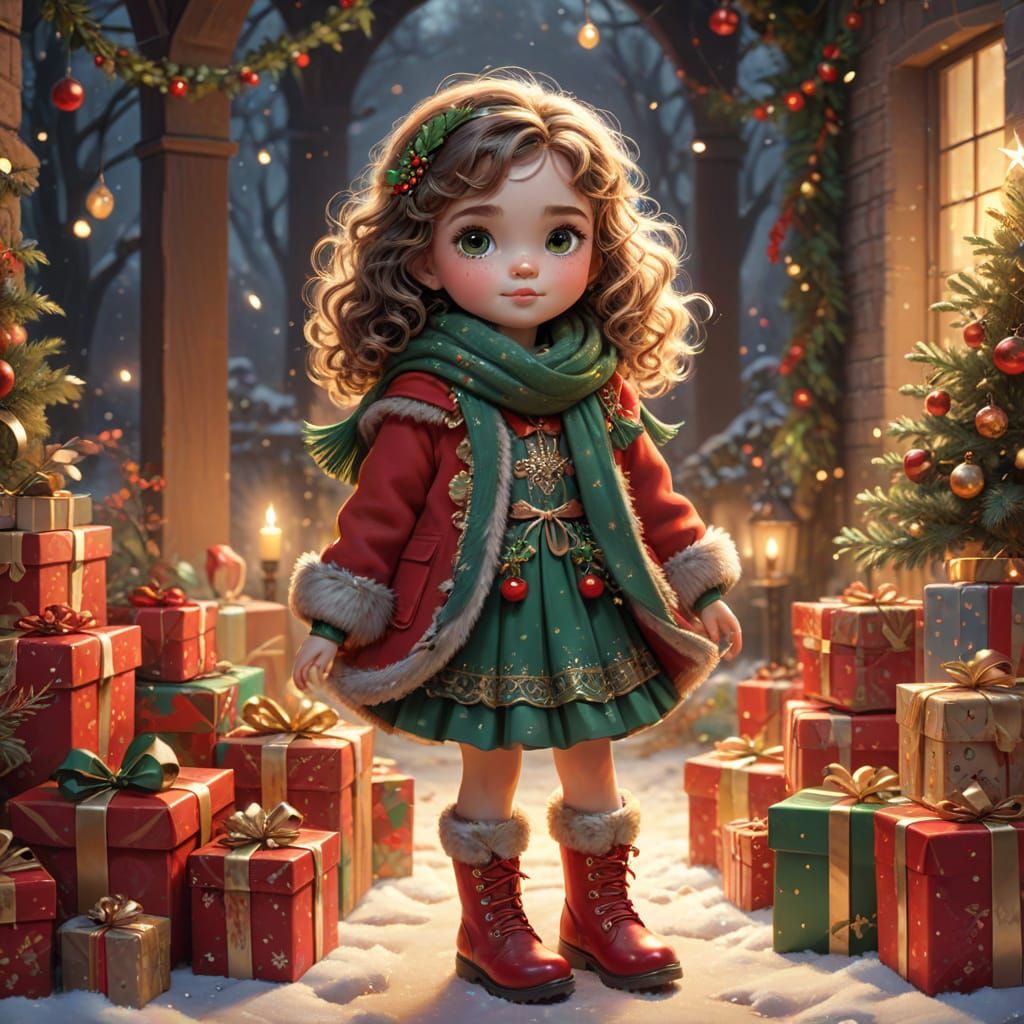Whimsical Christmas Fairytale Girl with Gifts