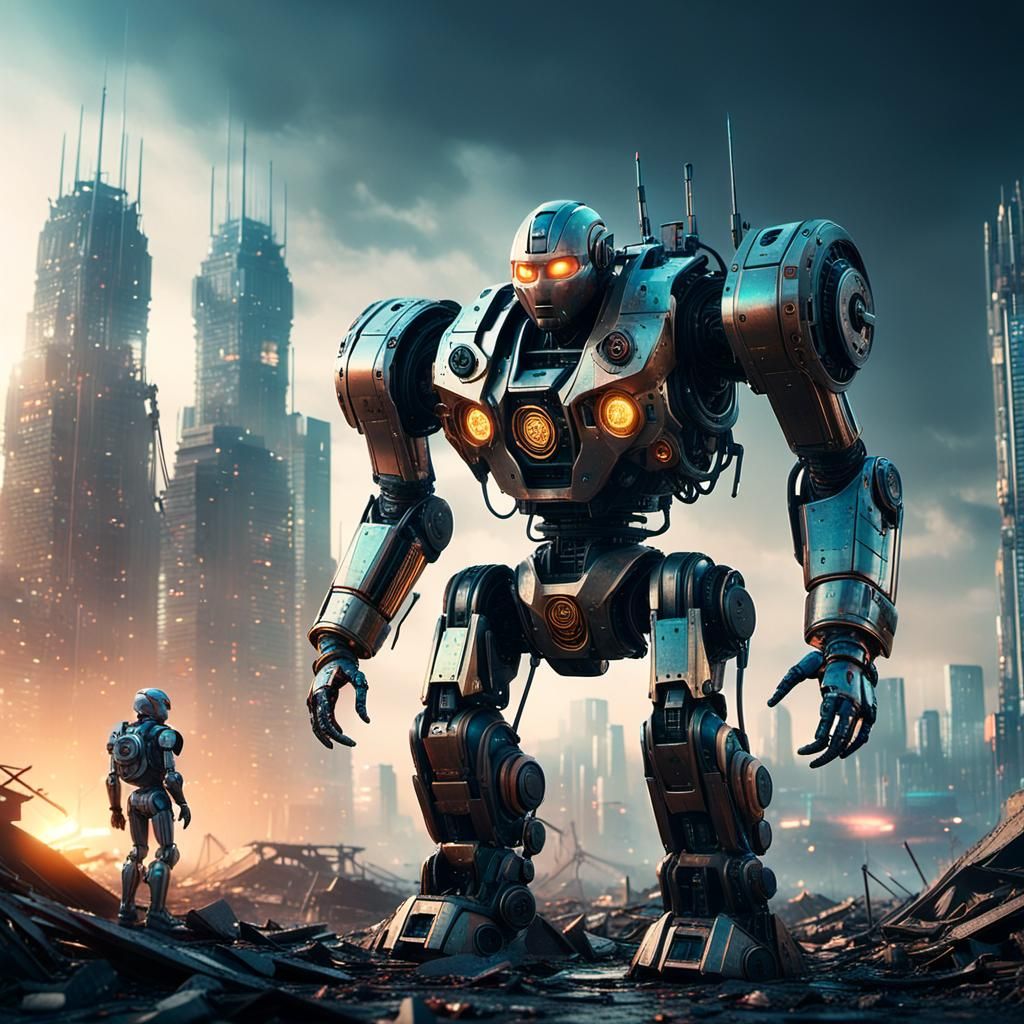 Humanoid Robot in Ruined Cityscape: Cinematic Sci-Fi Art