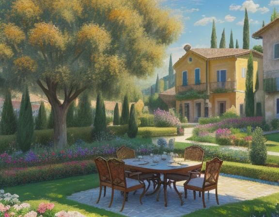 Italian Villa Garden Breakfast: Impasto Watercolor
