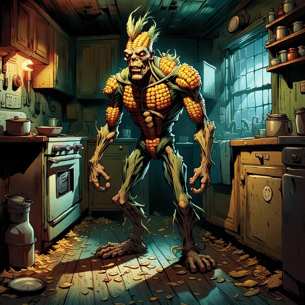 Grotesque Corn Creature in Comic Book Style