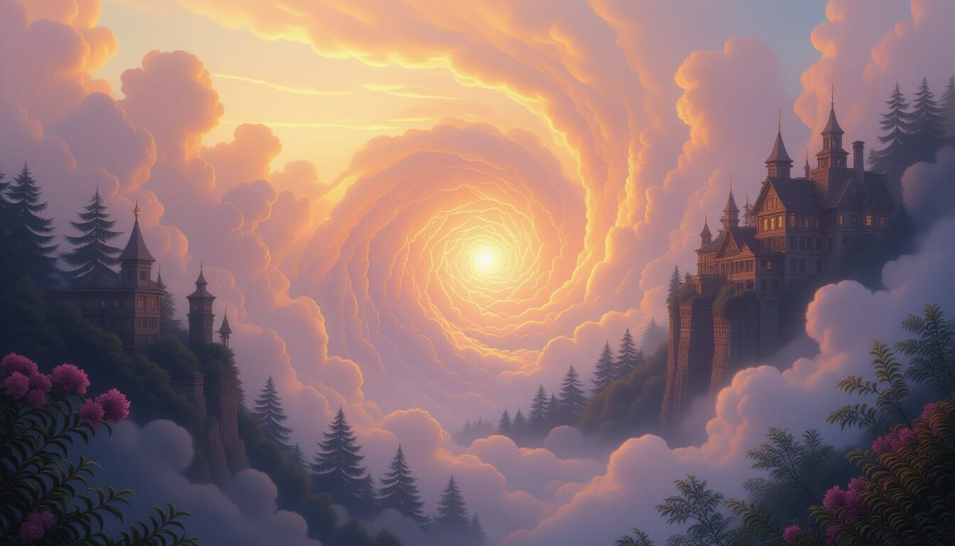 Ethereal Fantasy Mist Vortex in Warm Glowing Light