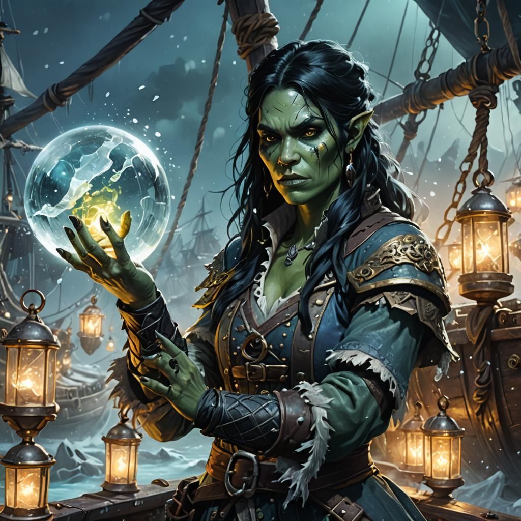Fantasy Orc Witch Casts Ice Spell