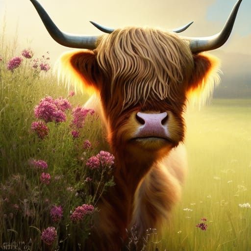 Highland Cow Portrait in Floral Meadow