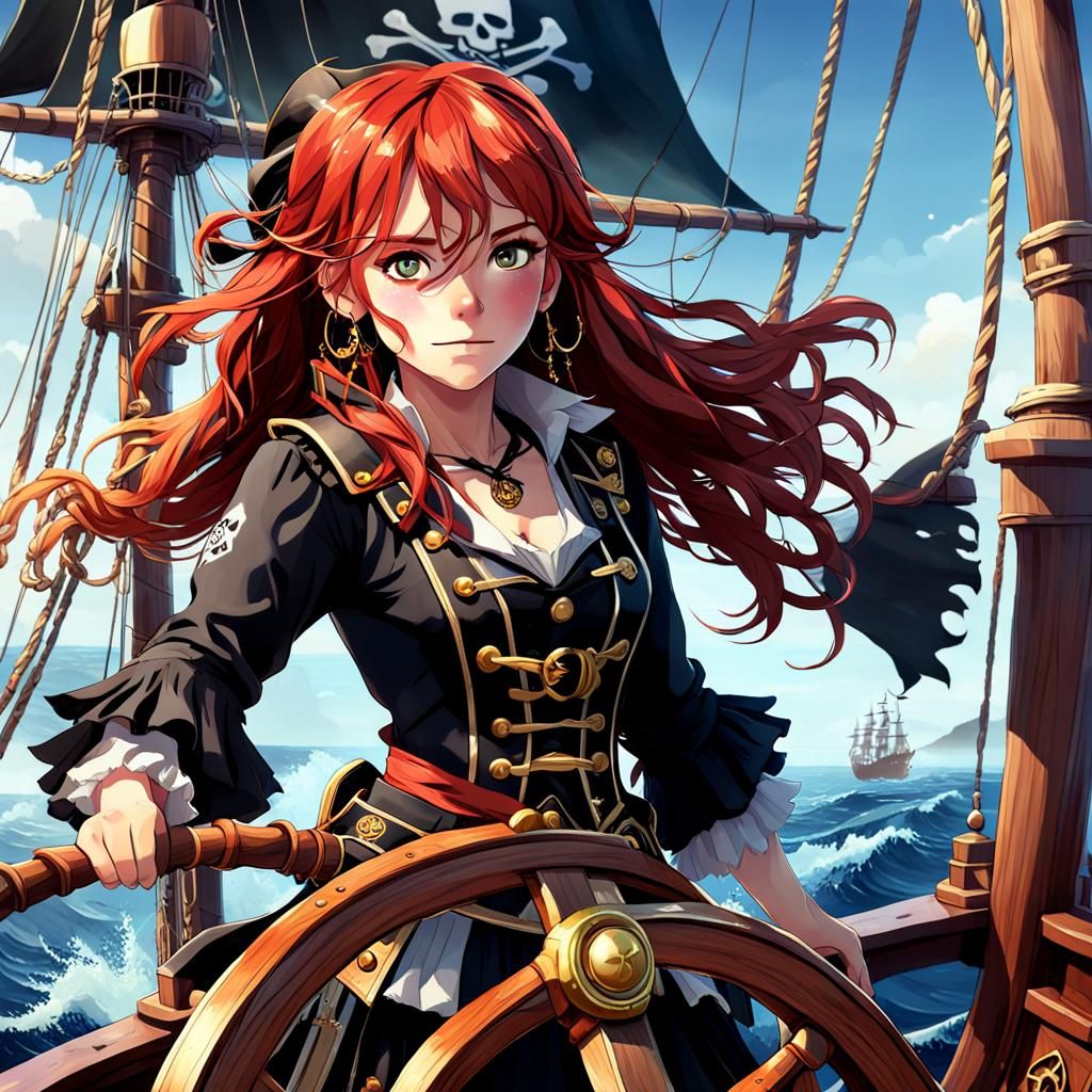 Anime Pirate Girl on Ship in 3D Style