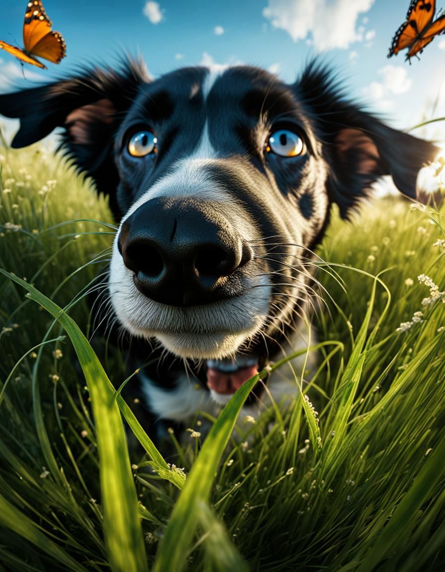 Dog Smelling Grass: Hyperdetailed Fisheye Concept Art
