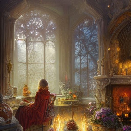 Cozy Fantasy Scene: Woman by Fireplace with Cat