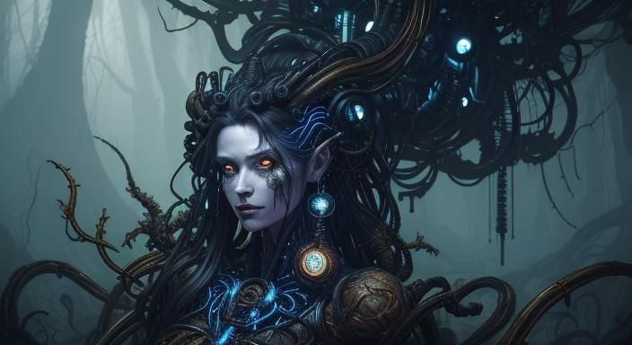 Dark fantasy. Close-up portrait. A forest nymph with antropomorfic features, surrounded by cables, pipes, and mechanical...