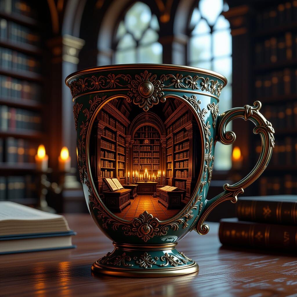 Ornate Cup Depicts Medieval Library in 3D Rendering
